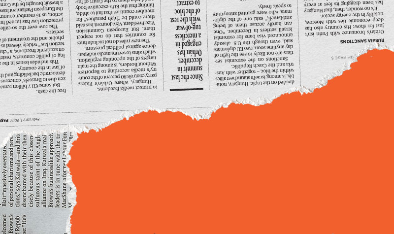 Newspaper clippings on an orange background.